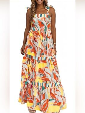 Abstract Print Tie-Shoulder Maxi Dress in Orange Multi